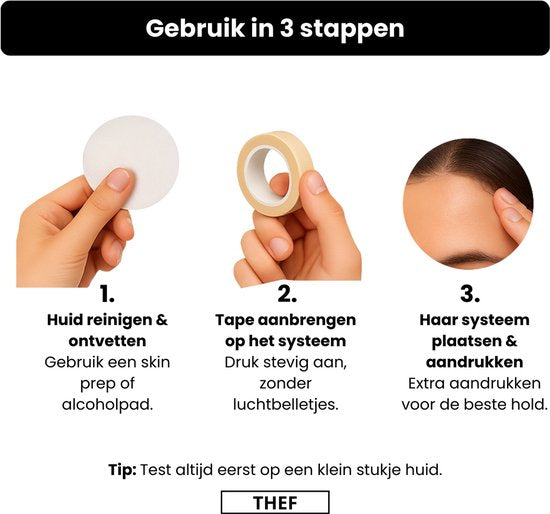 Gebruik haarwerk tape in 3 stappen: huid ontvetten, tape op het systeem, systeem plaatsen en aandrukken