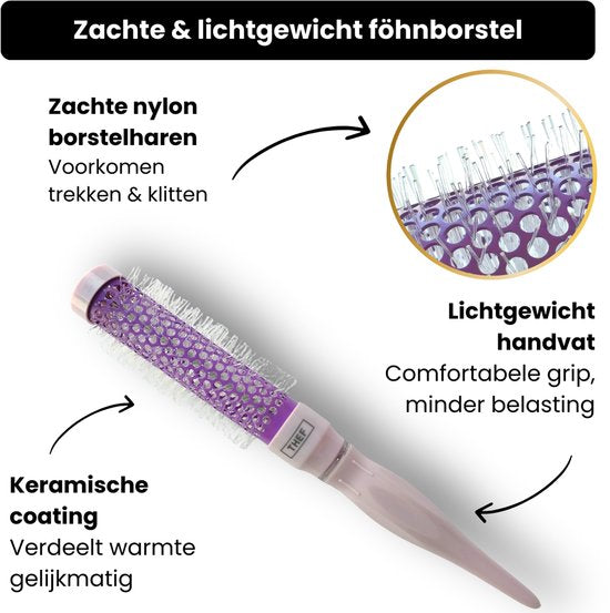 Thef föhnborstel met zachte nylon haren, keramische coating en licht handvat