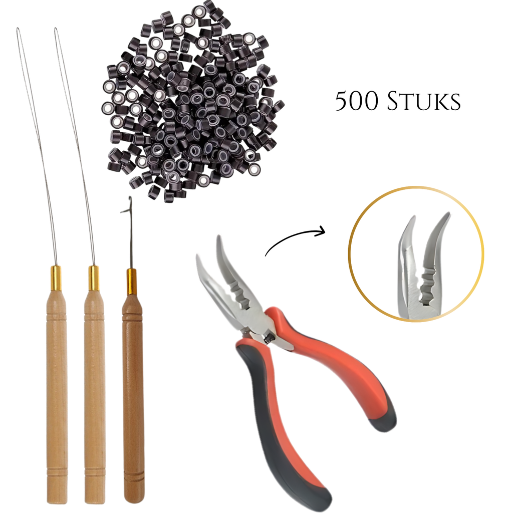 Thef Microring-Starterset: 500 Microrings, 2 Loop-Nadeln, Häkelnadel und gebogene Zange